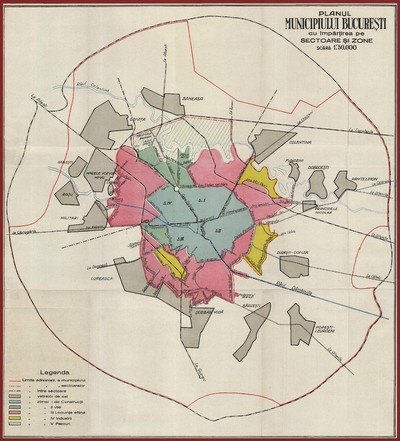 Planul Municipiului București cu împărțirea pe sectoare și zone